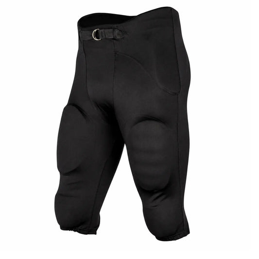 Custom padded American football pants with integrated thigh and knee protection shown from the front.
