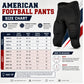 Custom American football pants size chart showing youth and adult waist and inseam measurements for personalized padded football trousers