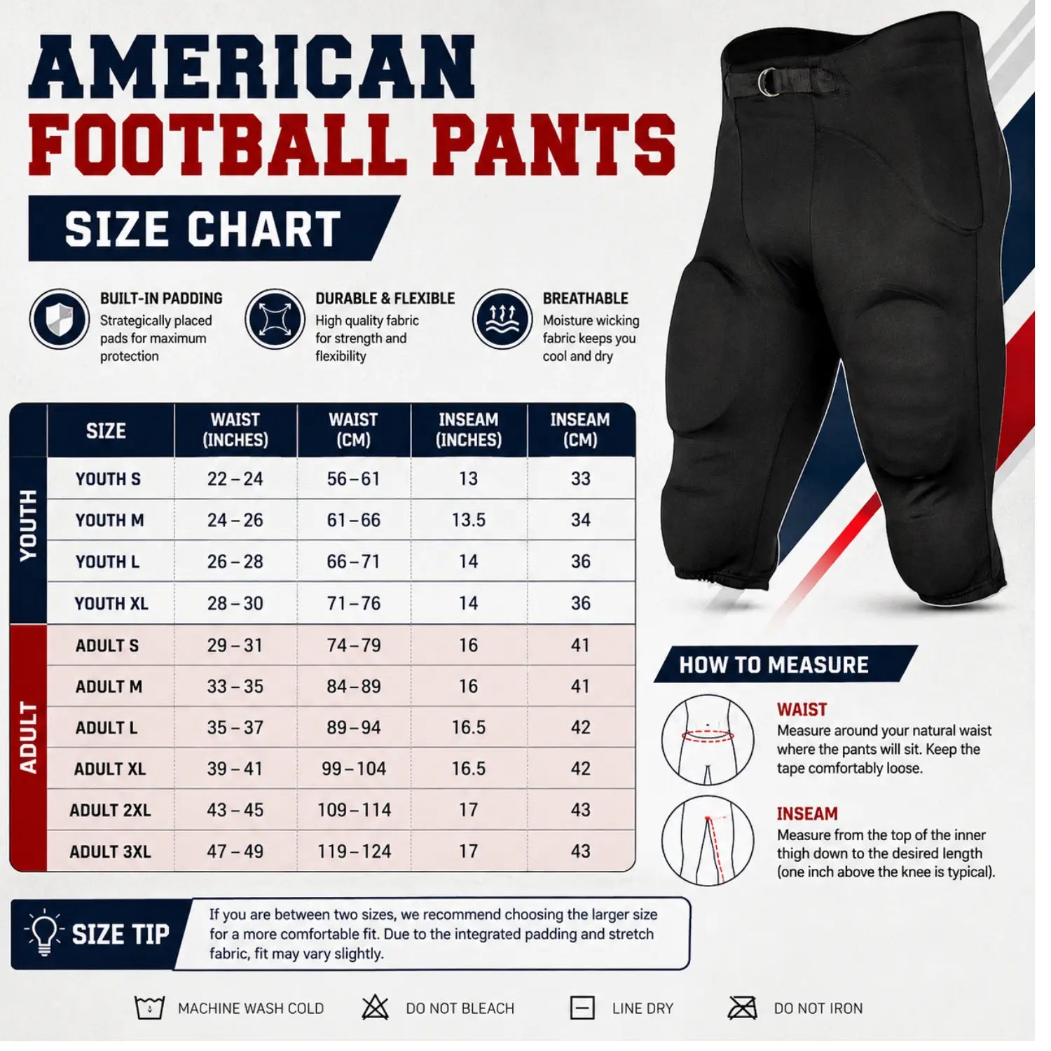 Custom American football pants size chart showing youth and adult waist and inseam measurements for personalized padded football trousers