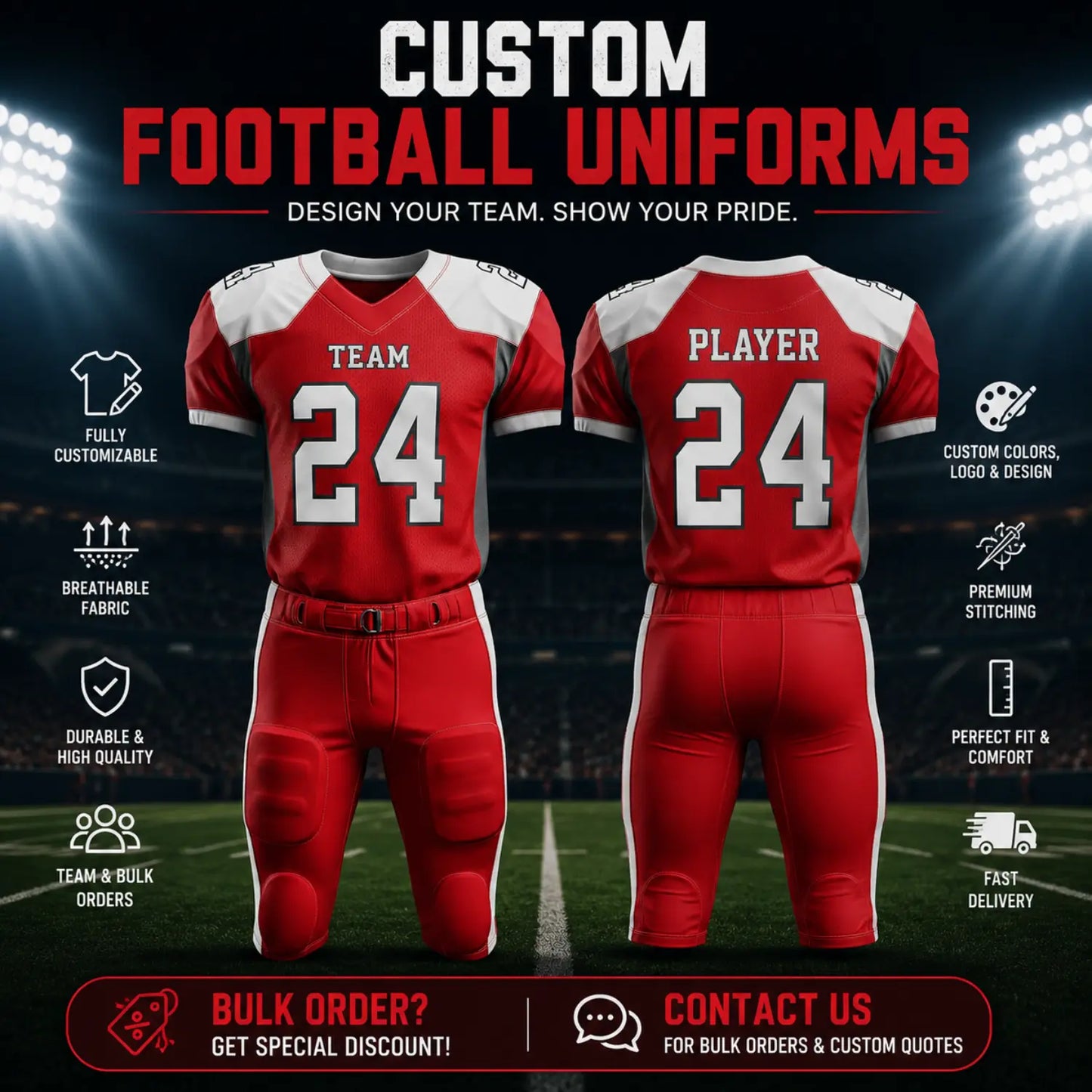 Custom American football uniform design with personalized team name number and colors