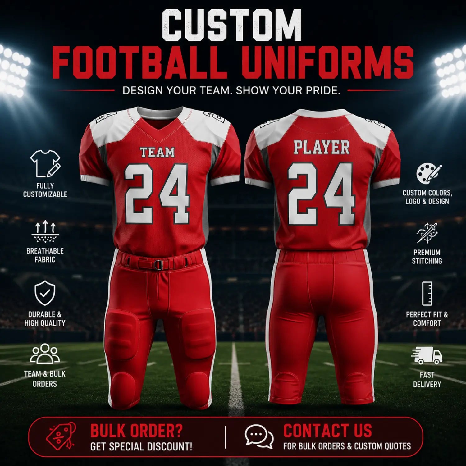 Custom American football uniform design with personalized team name number and colors