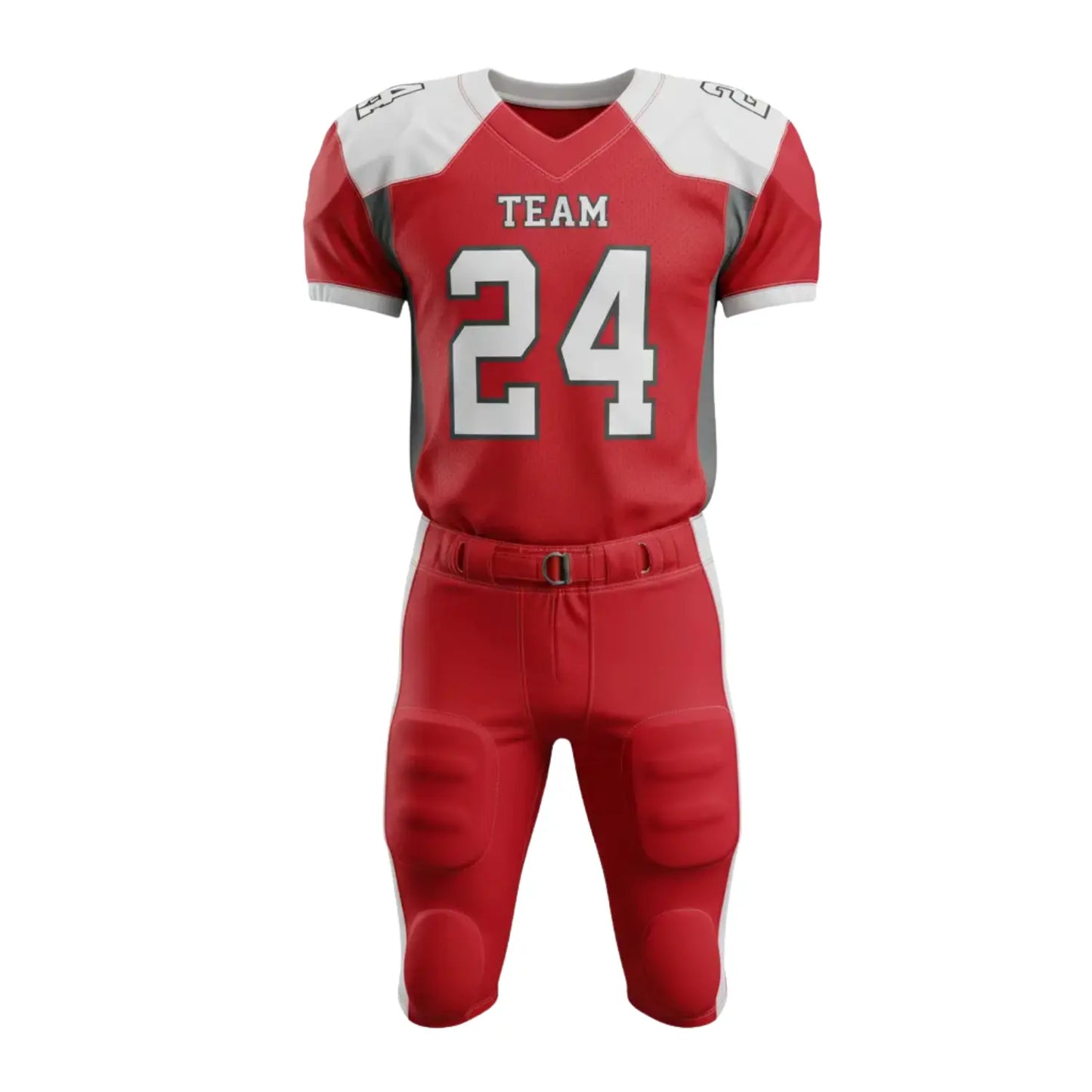 Custom American football uniform with personalized team jersey and padded pants front view