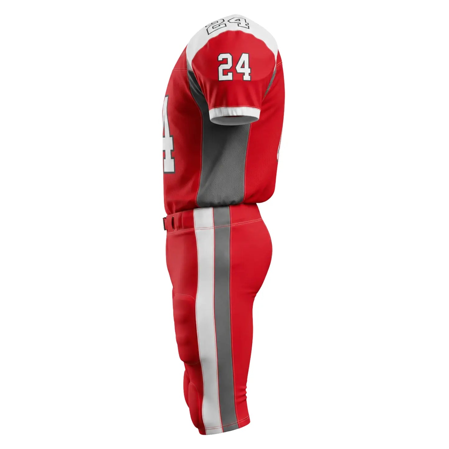Custom American football uniform side view with padded jersey and football pants