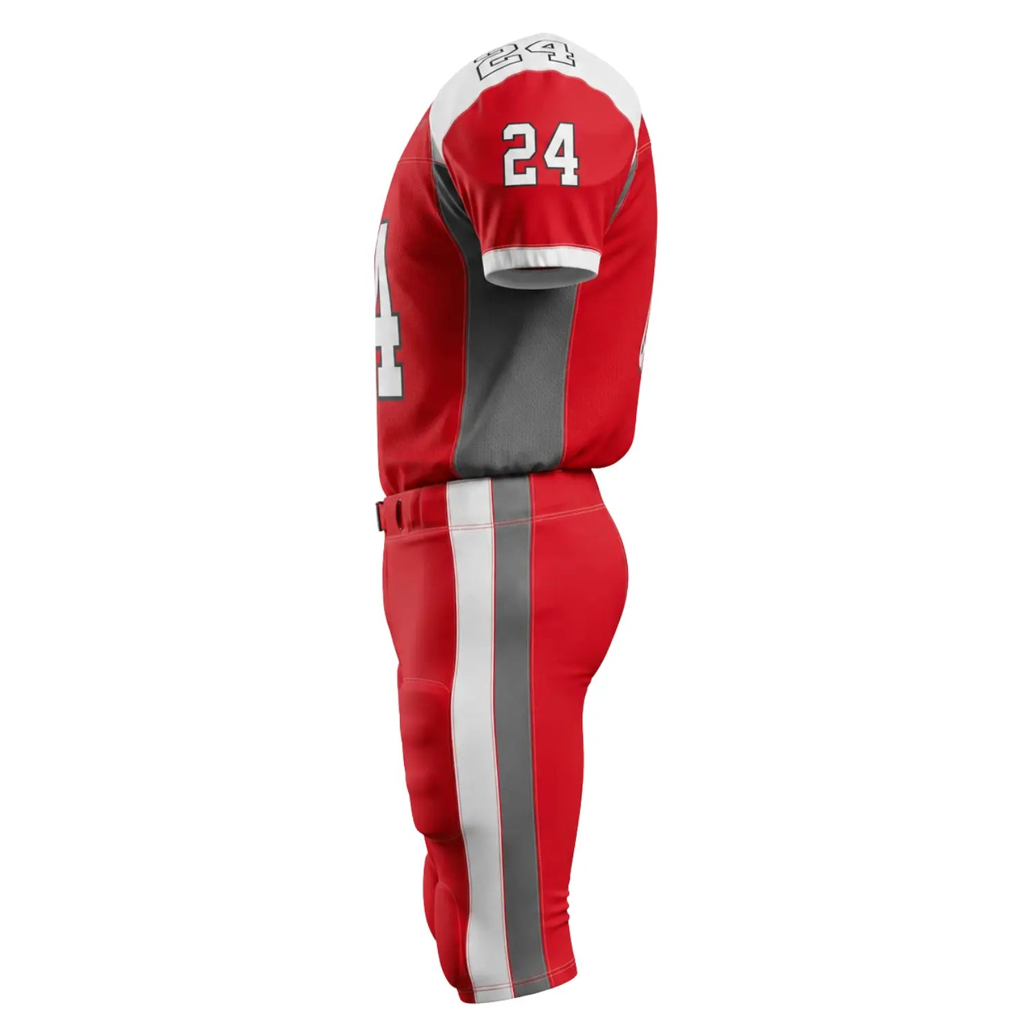 Custom American football uniform side view with padded jersey and football pants