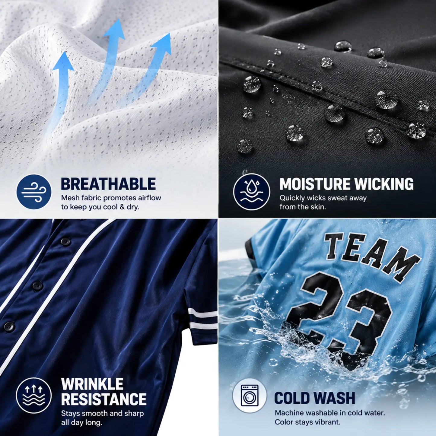 Custom baseball jersey fabric showing breathable, moisture-wicking and wrinkle-resistant features