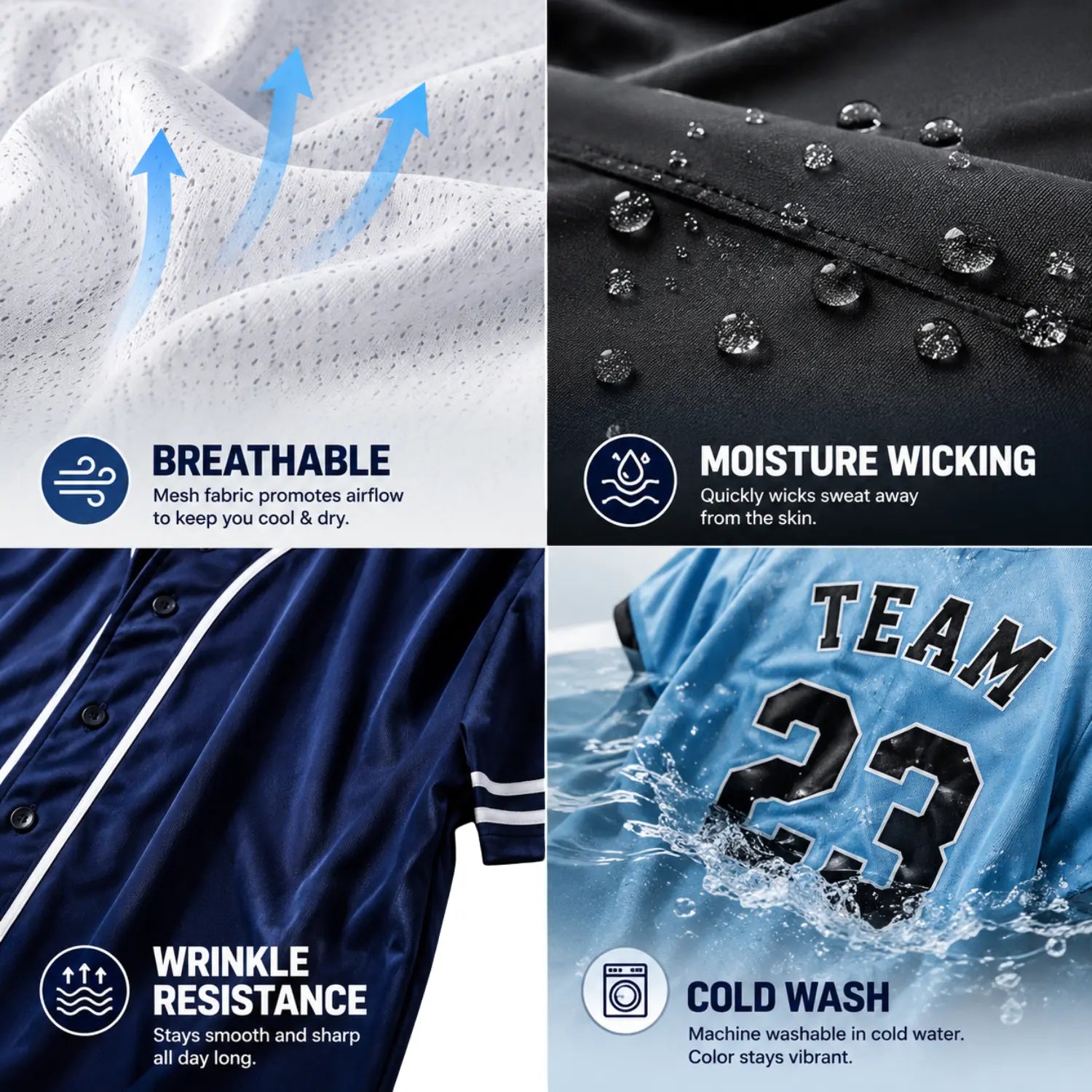 Custom baseball jersey fabric showing breathable, moisture-wicking and wrinkle-resistant features