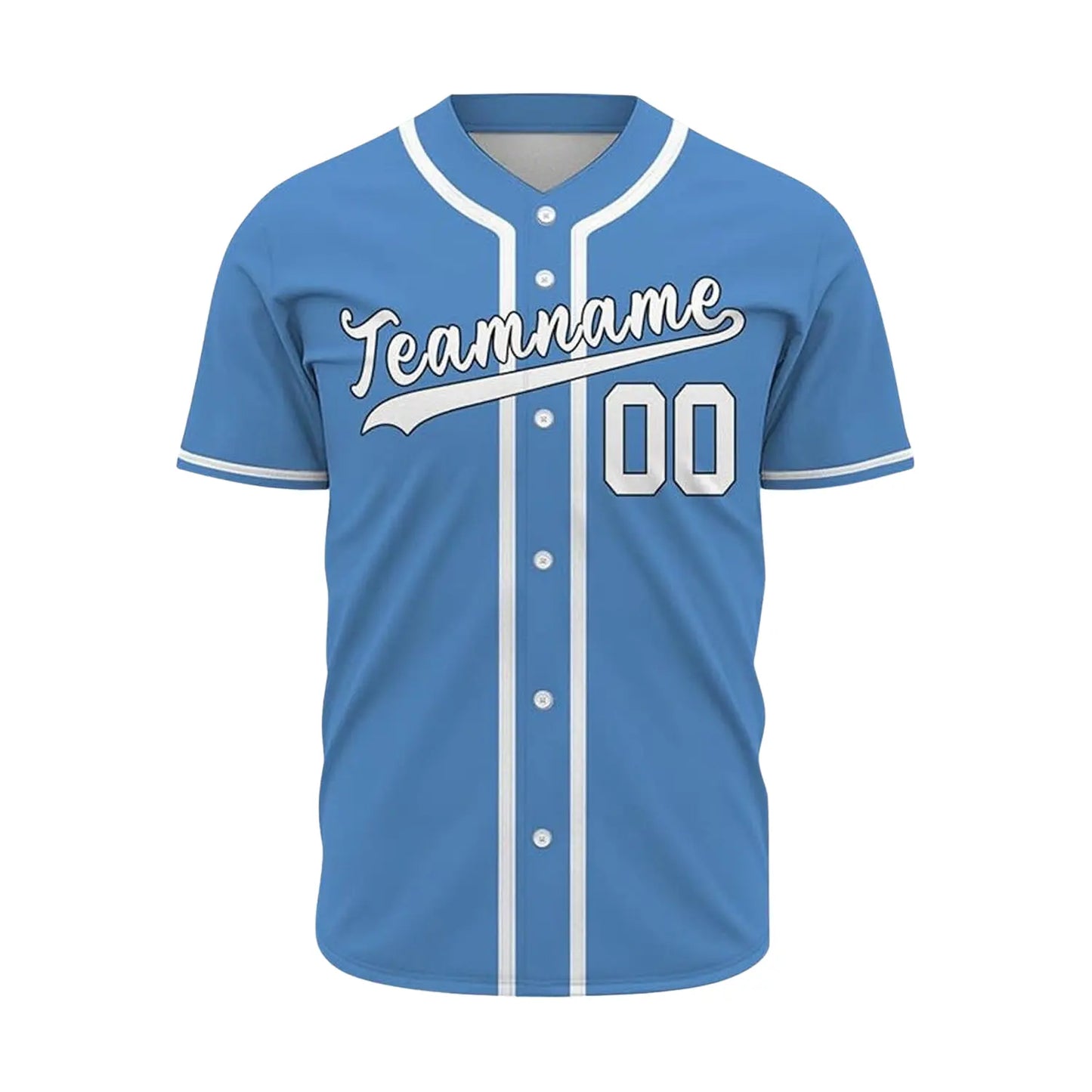 Front view of custom baseball jersey with personalized team name and player number