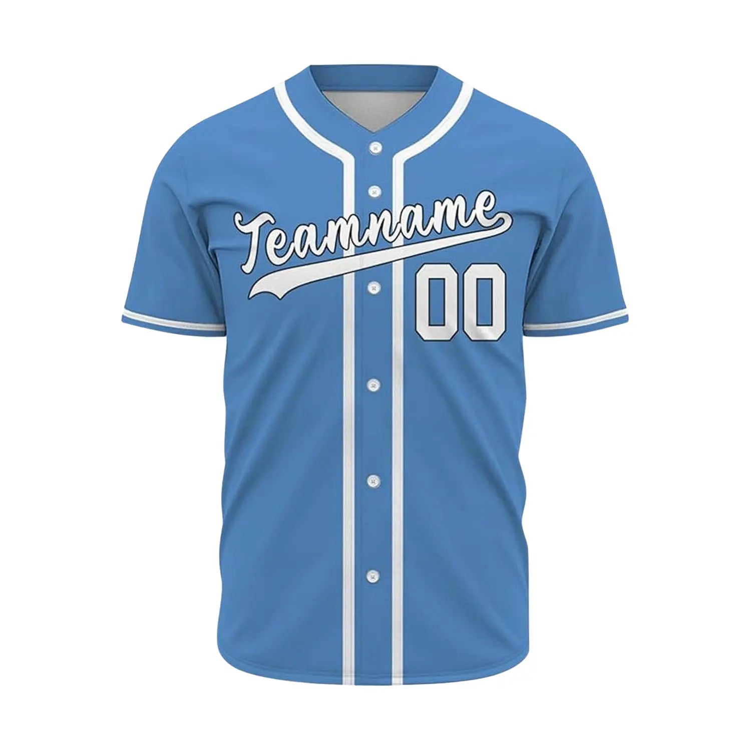 Front view of custom baseball jersey with personalized team name and player number