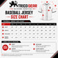Custom baseball jersey size chart with chest, length, shoulder and sleeve measurements