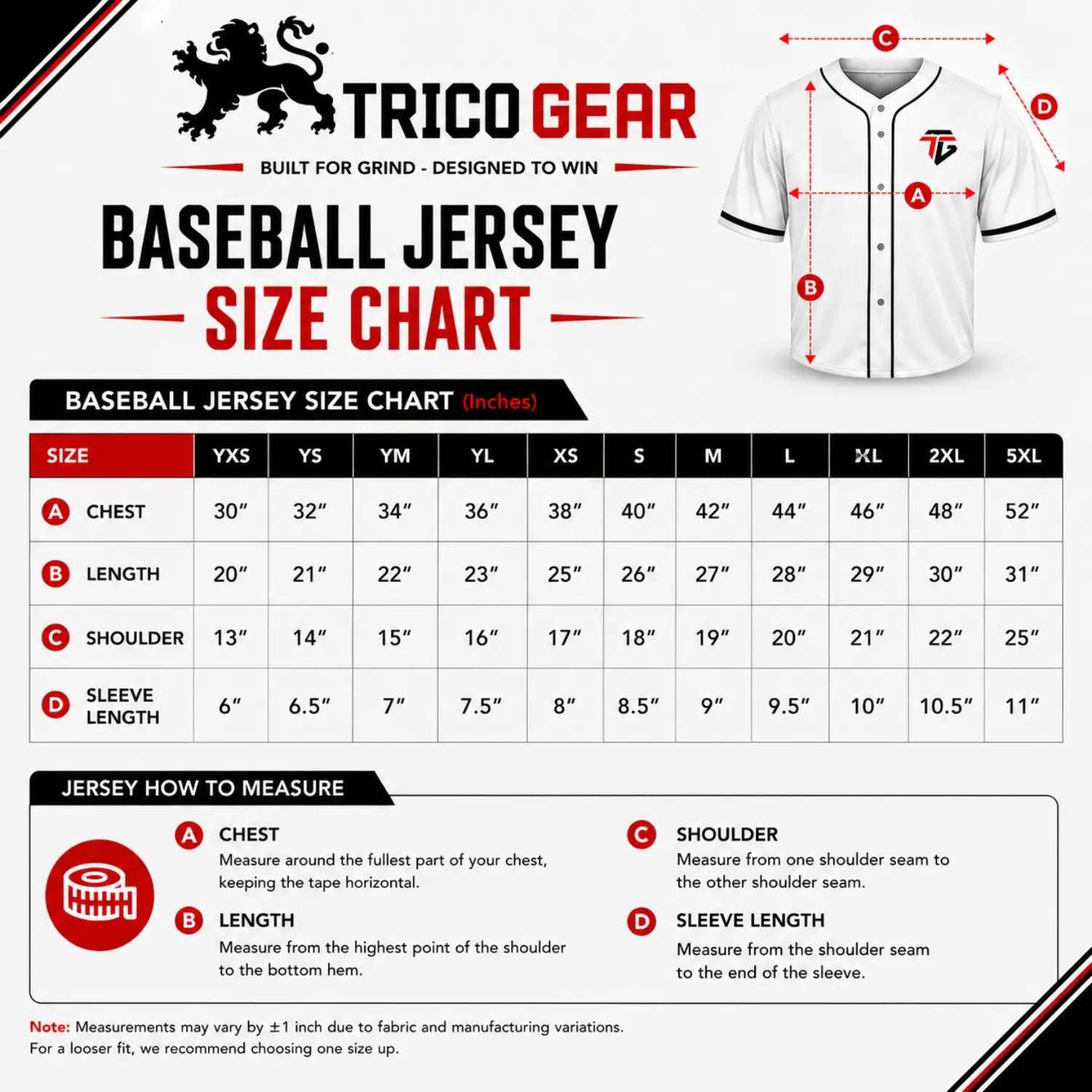 Custom baseball jersey size chart with chest, length, shoulder and sleeve measurements