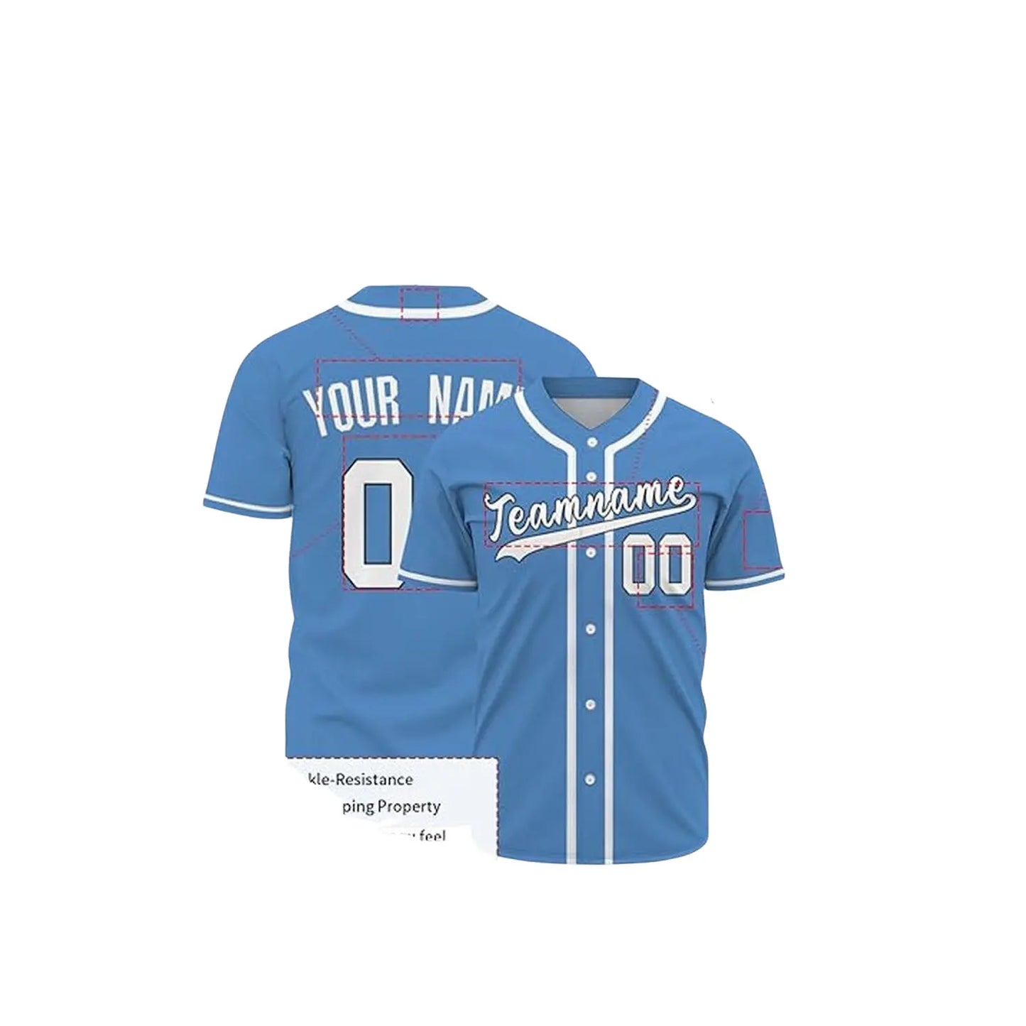 Custom baseball jersey showing personalized team name, logo and player number