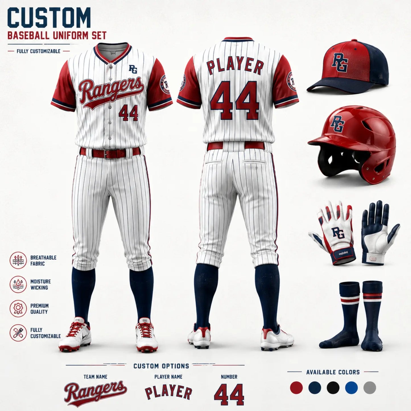 Custom baseball uniform design options with personalized team name, player name, logo, and number
6