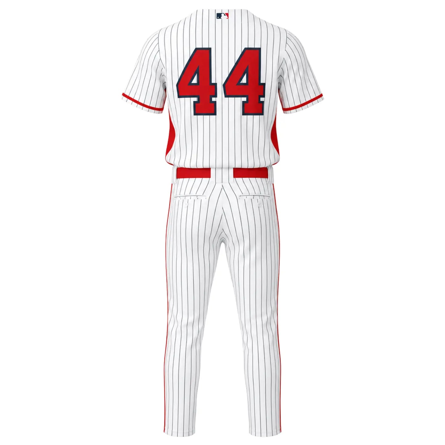 Custom baseball uniform set back view with personalized player number and team uniform desig