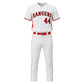 Custom baseball uniform set front view with personalized team name, logo, and player number