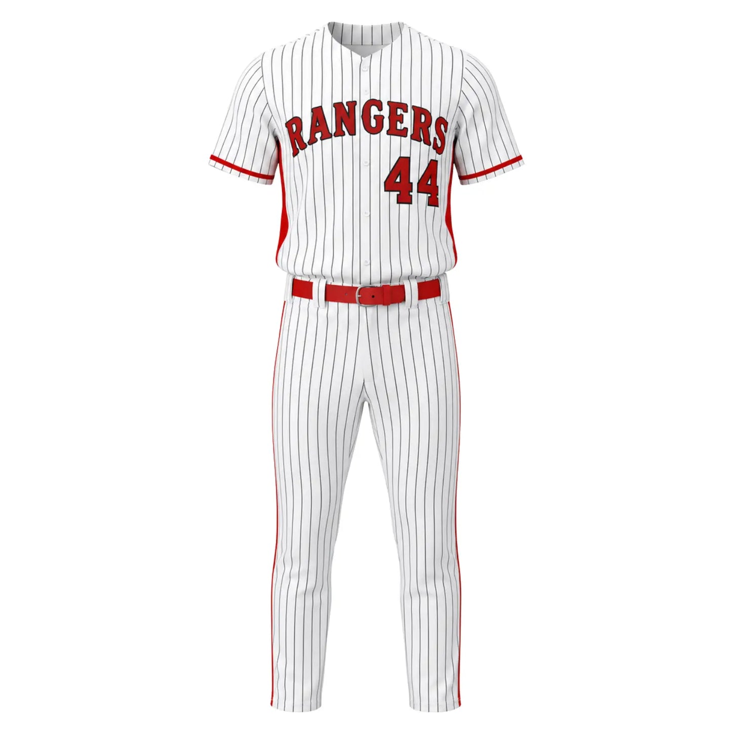 Custom baseball uniform set front view with personalized team name, logo, and player number