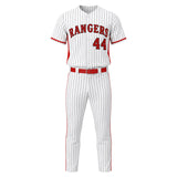 Custom baseball uniform set front view with personalized team name, logo, and player number