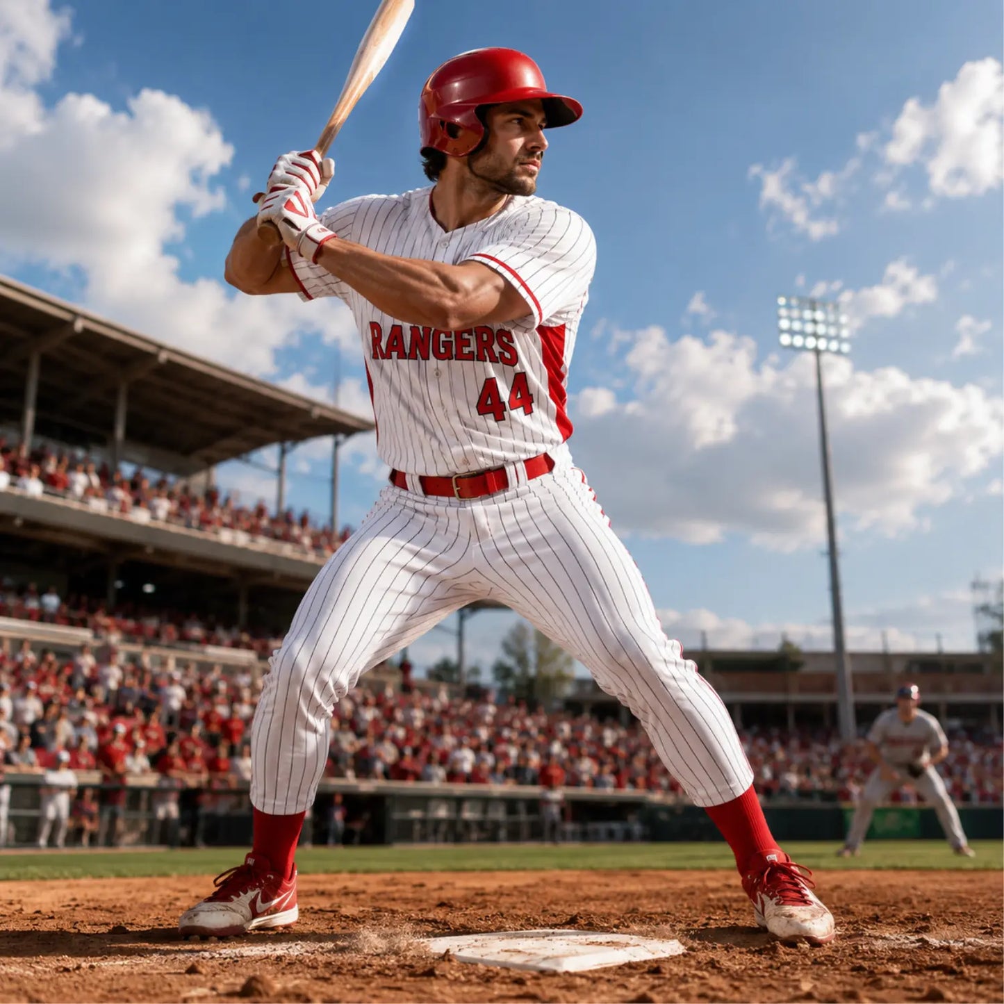 Male baseball player wearing a custom baseball uniform set with personalized team name and player number