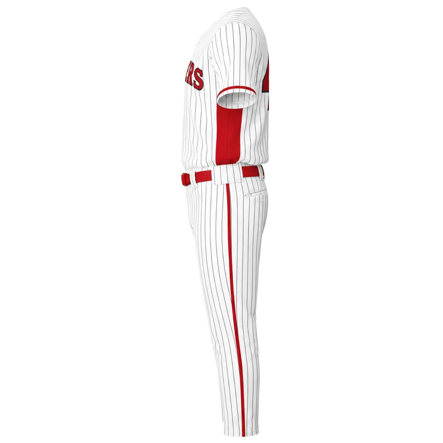 Custom baseball uniform set side view showing pinstripe design, red accents, and personalized details