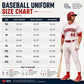 Custom baseball uniform size chart with chest, waist, and hip measurements from XS to 4XL