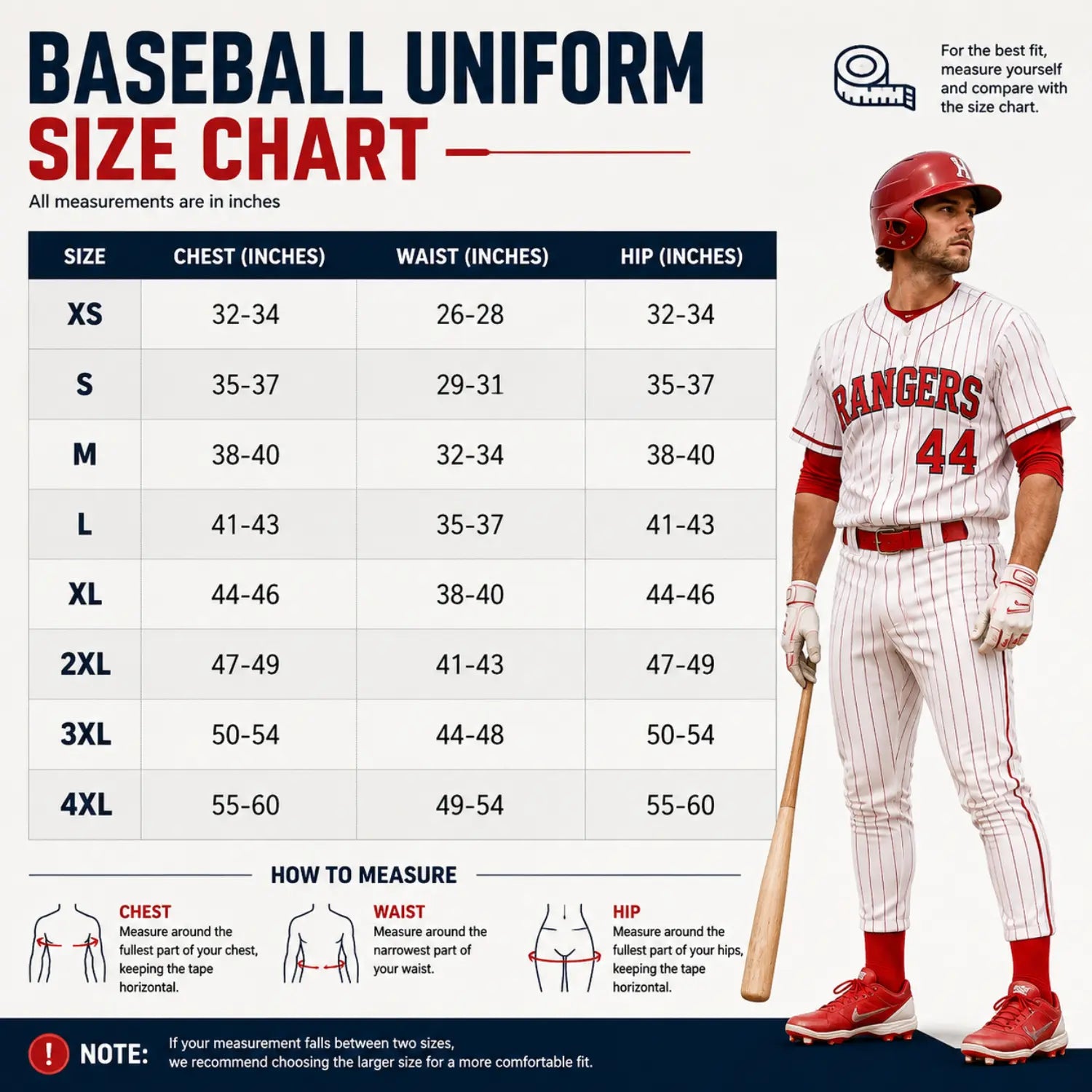 Custom baseball uniform size chart with chest, waist, and hip measurements from XS to 4XL