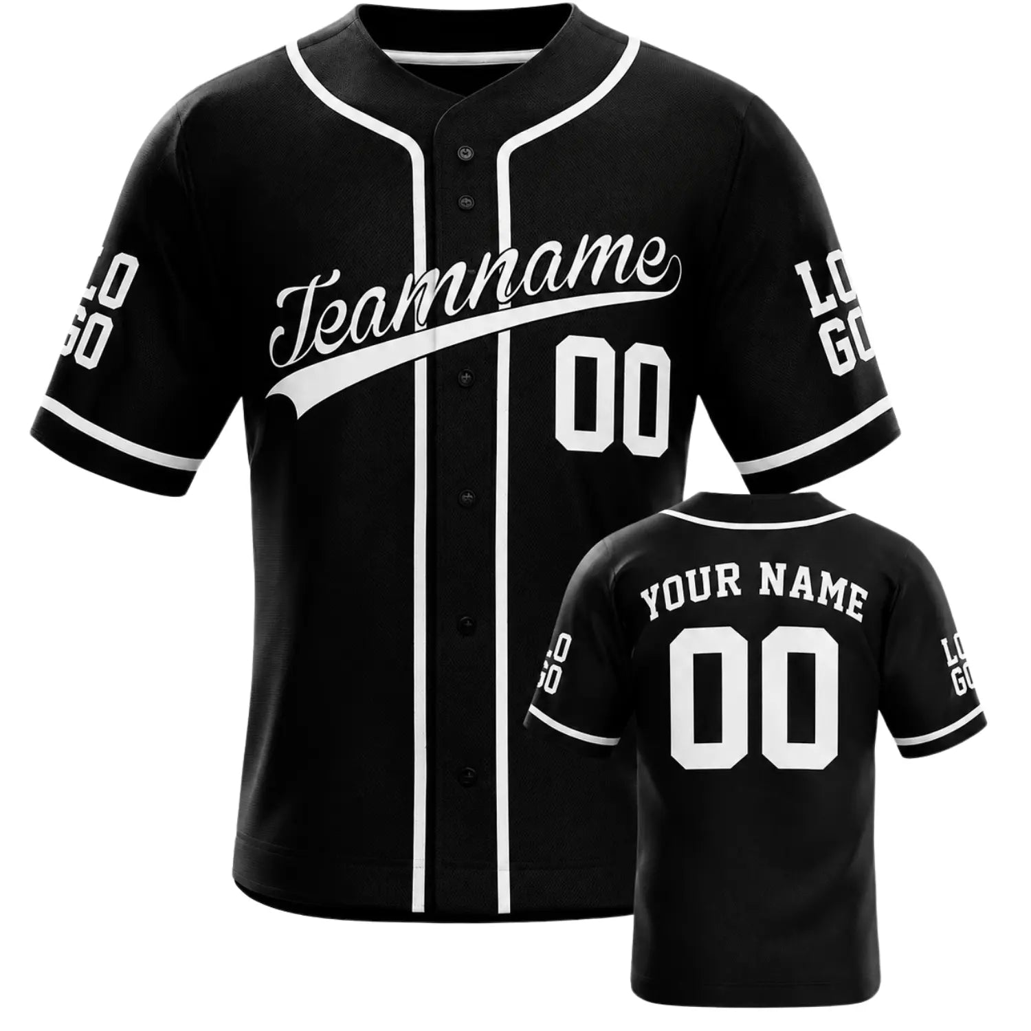 Custom black and white baseball jersey with personalized team name and player number