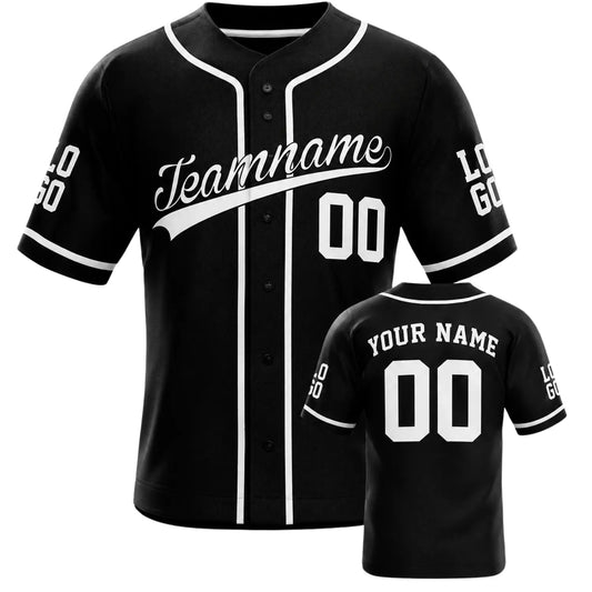 Custom black and white baseball jersey with personalized team name and player number