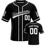 Custom black and white baseball jersey with personalized team name and player number
