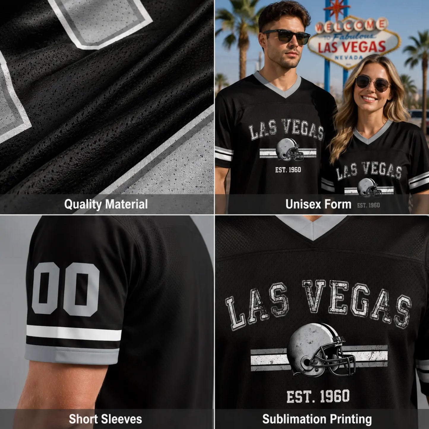 Custom football jersey featuring quality material, unisex fit, short sleeves, and sublimation printing