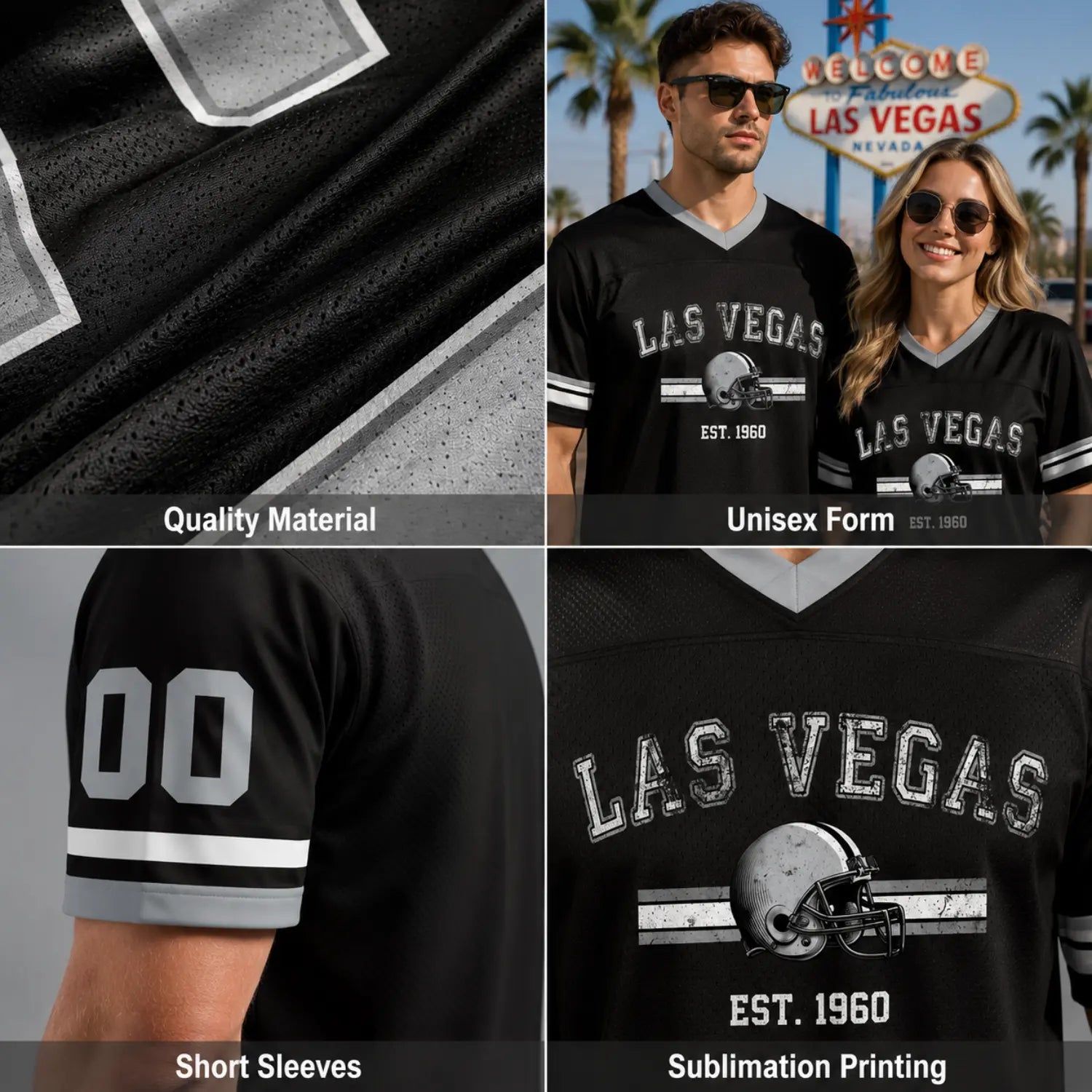 Custom football jersey featuring quality material, unisex fit, short sleeves, and sublimation printing