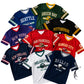 Custom football jerseys in multiple team colors with personalized football-inspired designs