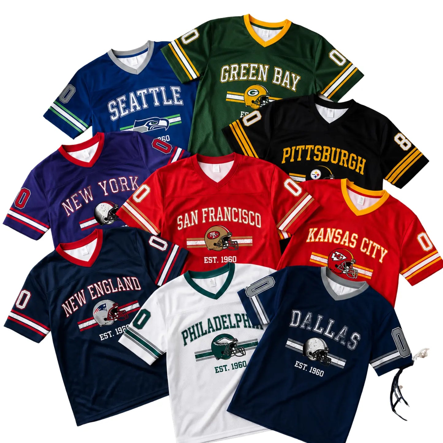 Custom football jerseys in multiple team colors with personalized football-inspired designs