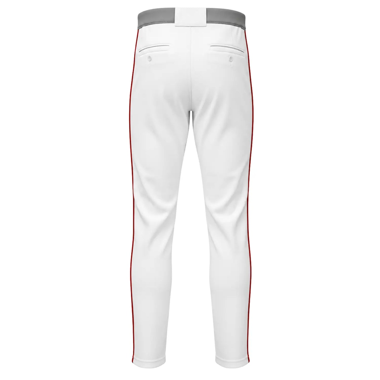 Custom full-length baseball pants with back pockets and red side stripes