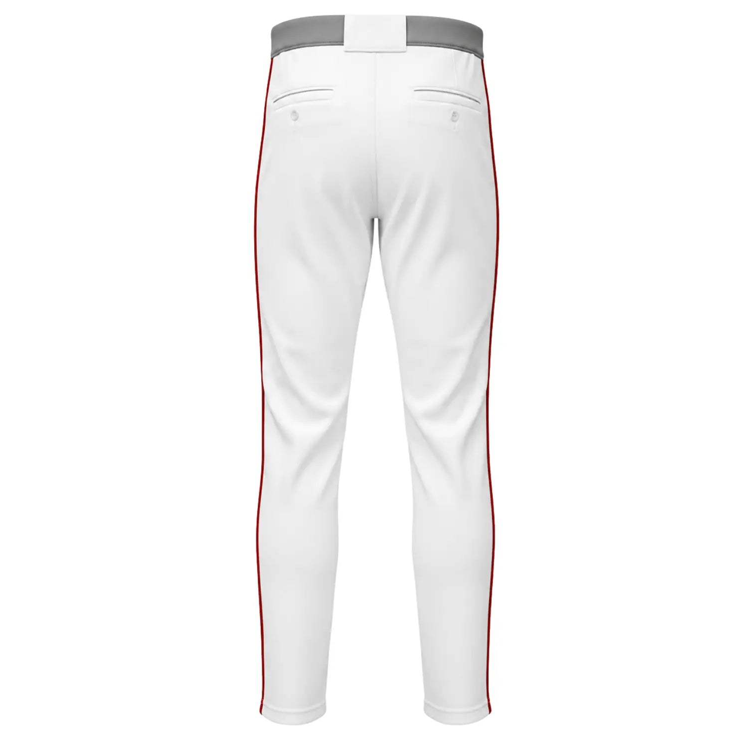 Custom full-length baseball pants with back pockets and red side stripes