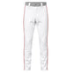 Custom full-length baseball pants with gray waistband and red side stripes front view