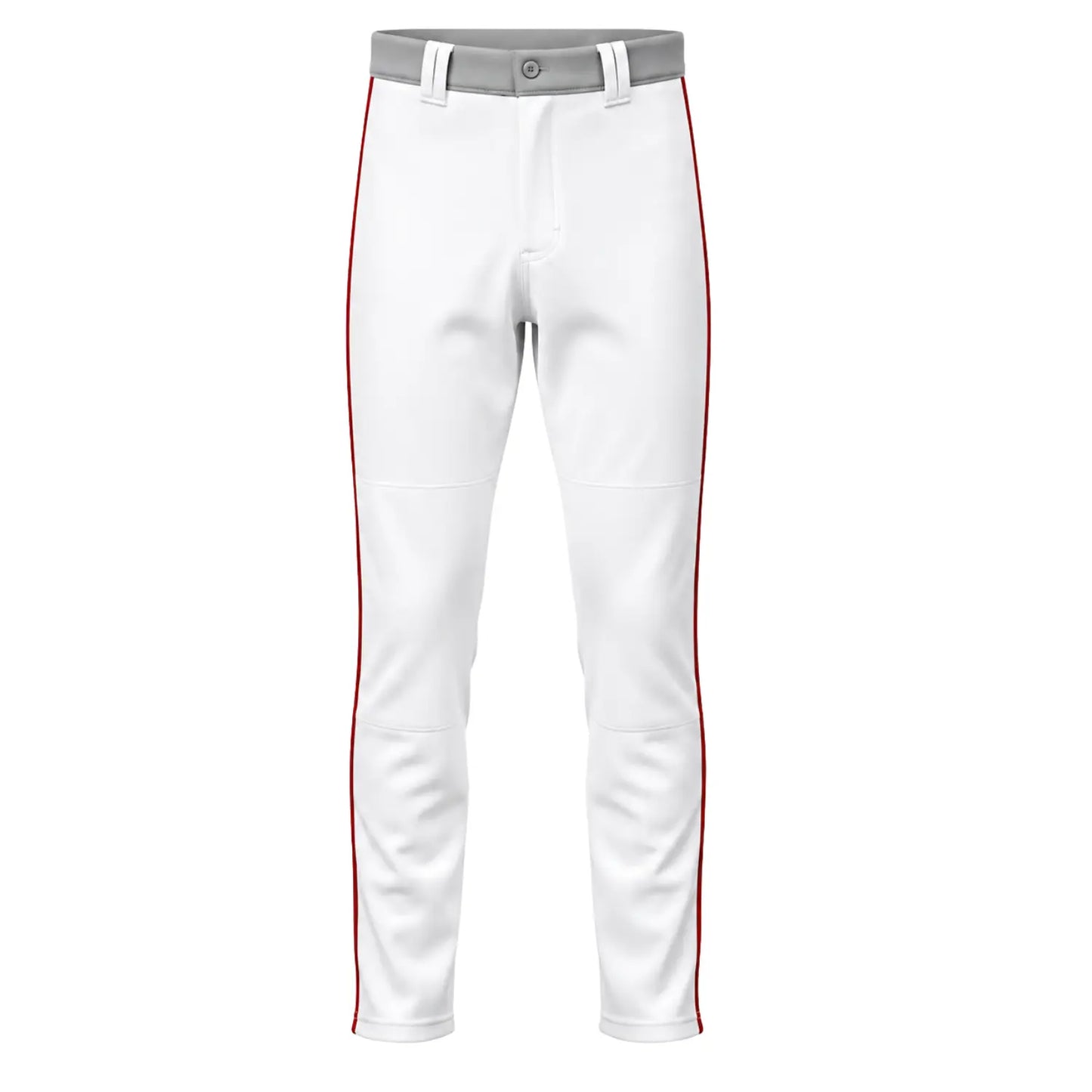 Custom full-length baseball pants with gray waistband and red side stripes front view