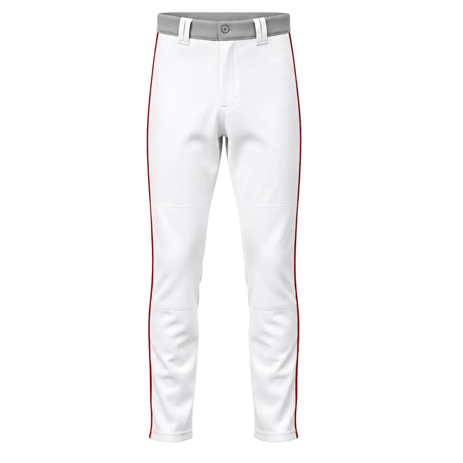 Custom full-length baseball pants with gray waistband and red side stripes front view