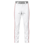 Custom full-length baseball pants with gray waistband and red side stripes front view