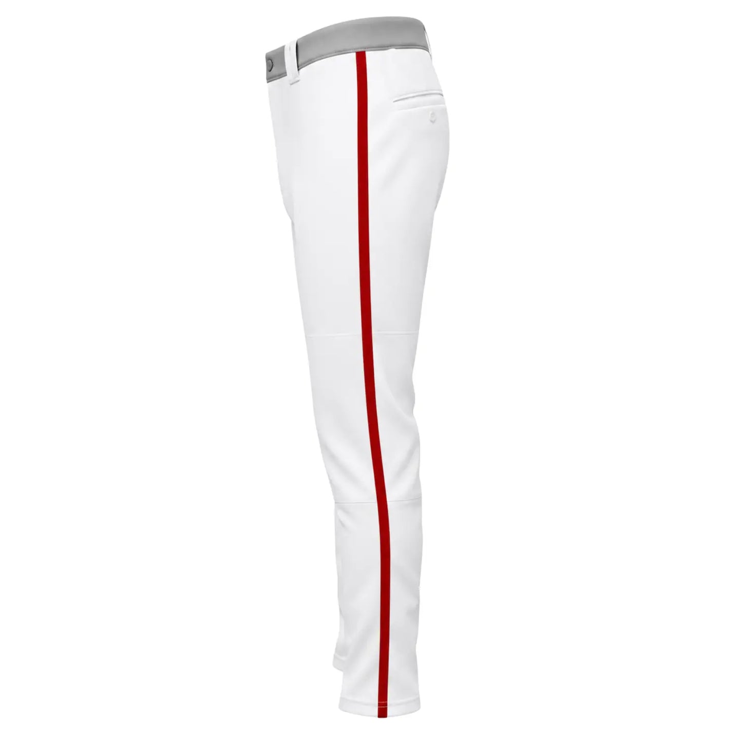 Custom full-length baseball pants with red side stripe side view