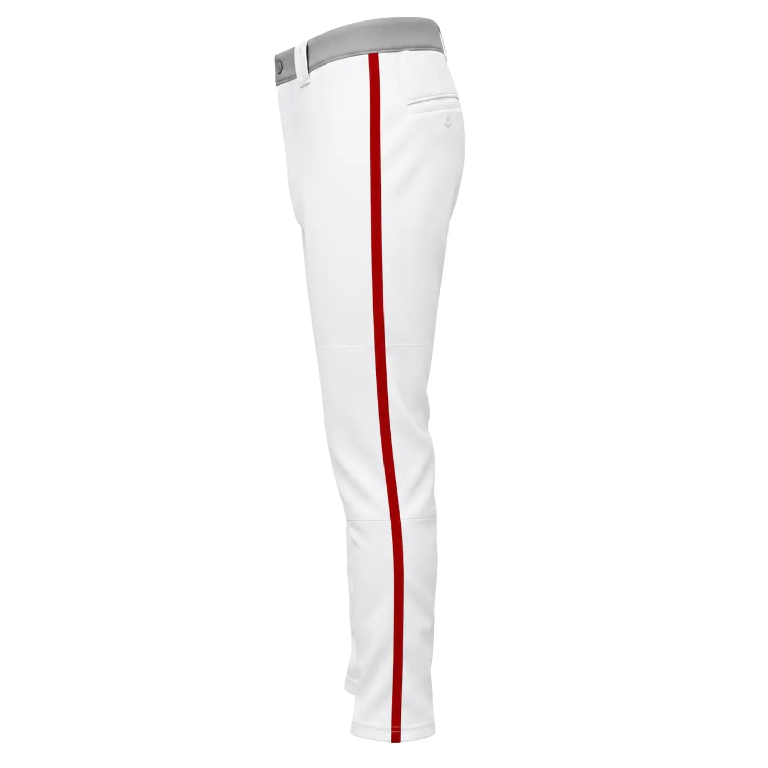 Custom full-length baseball pants with red side stripe side view