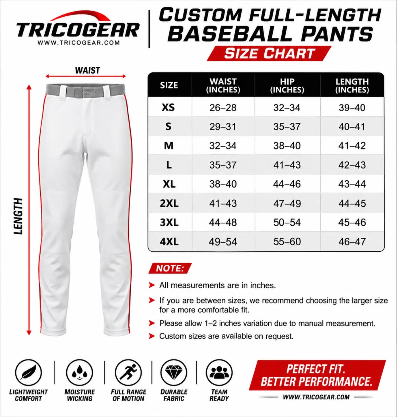 Custom full-length baseball pants with red side stripe side view