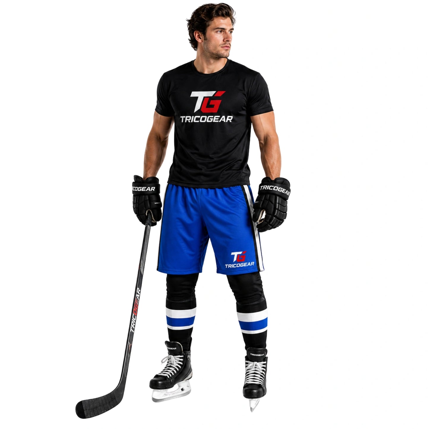 Ice hockey player wearing custom blue TricoGear hockey pant shells
