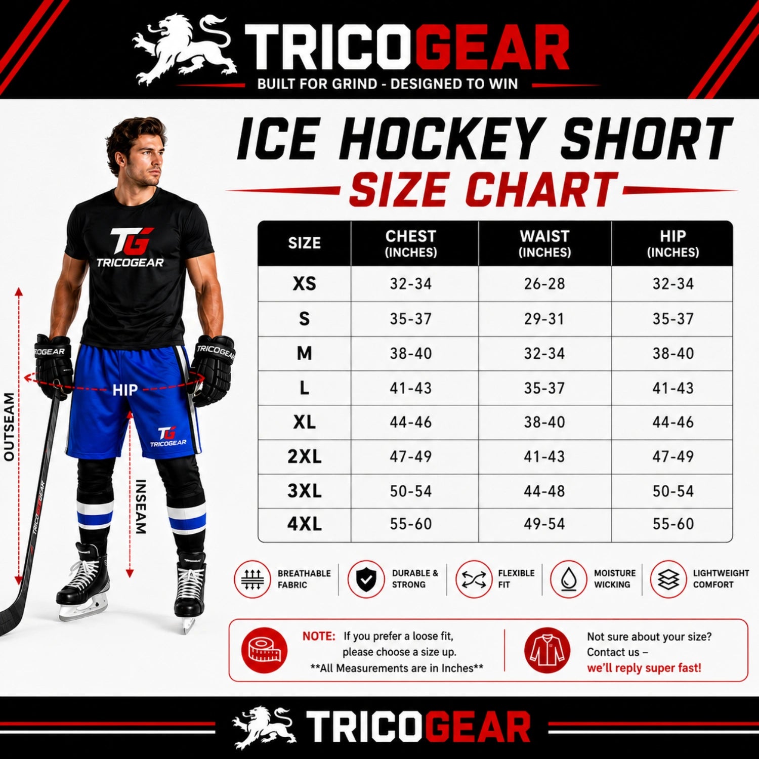 TricoGear custom hockey pant shells size chart with chest waist and hip measurements