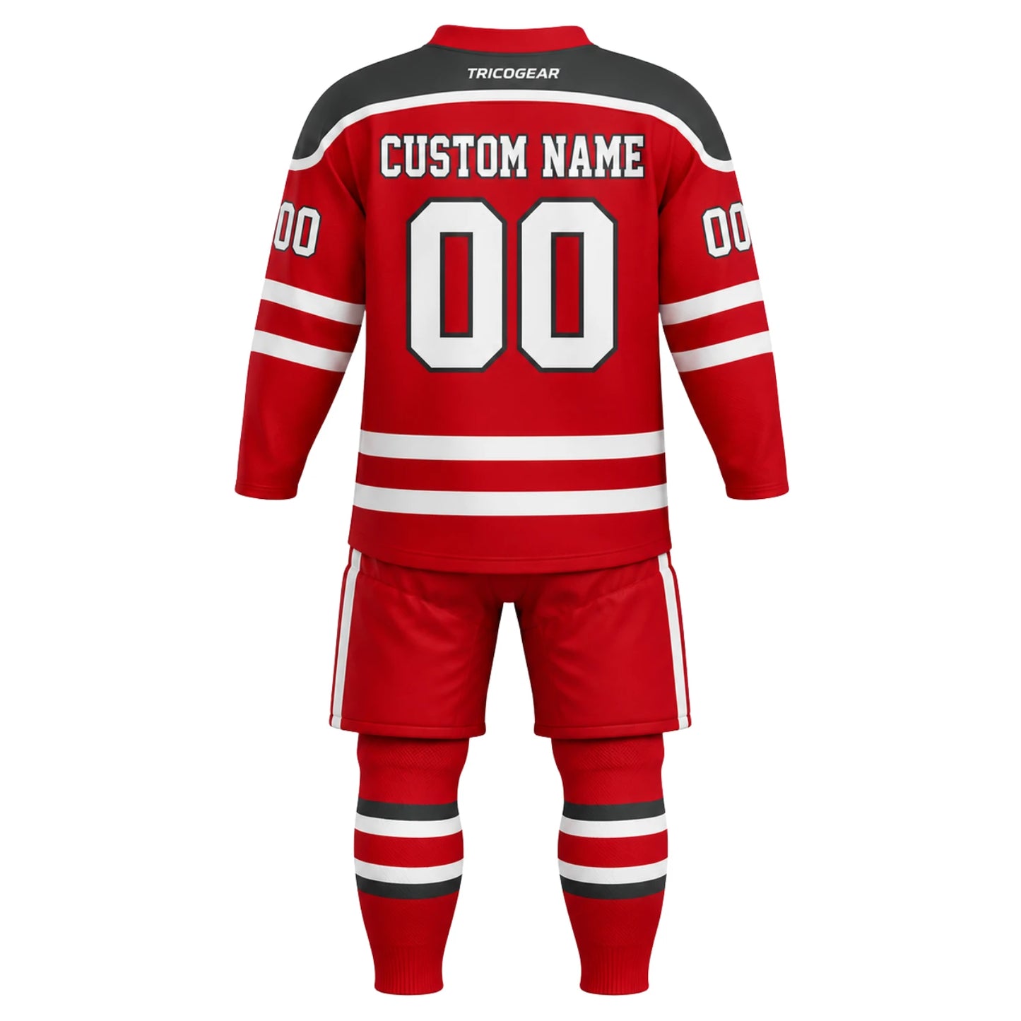 Back view of personalized custom ice hockey jersey and matching pants with custom name and number