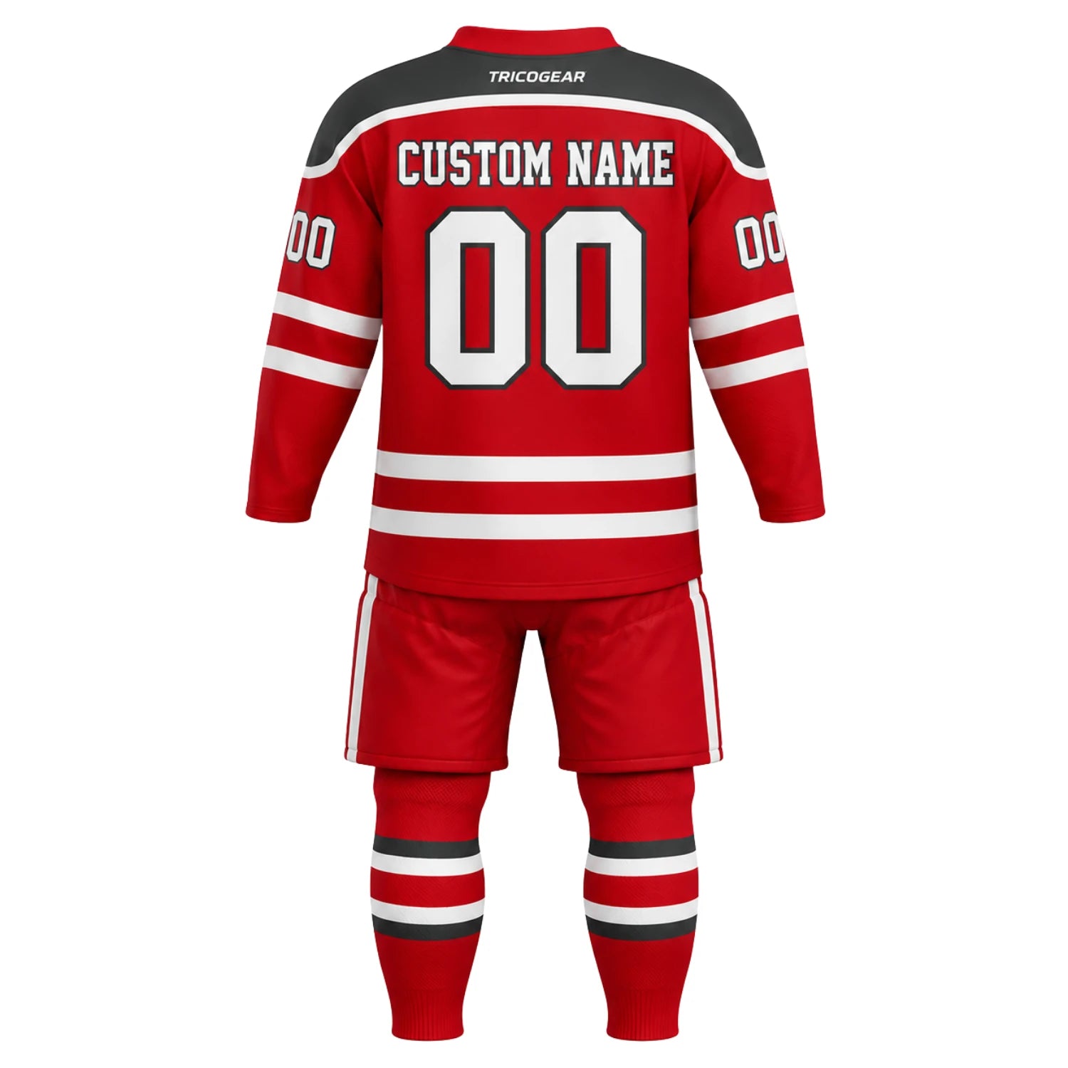 Back view of personalized custom ice hockey jersey and matching pants with custom name and number