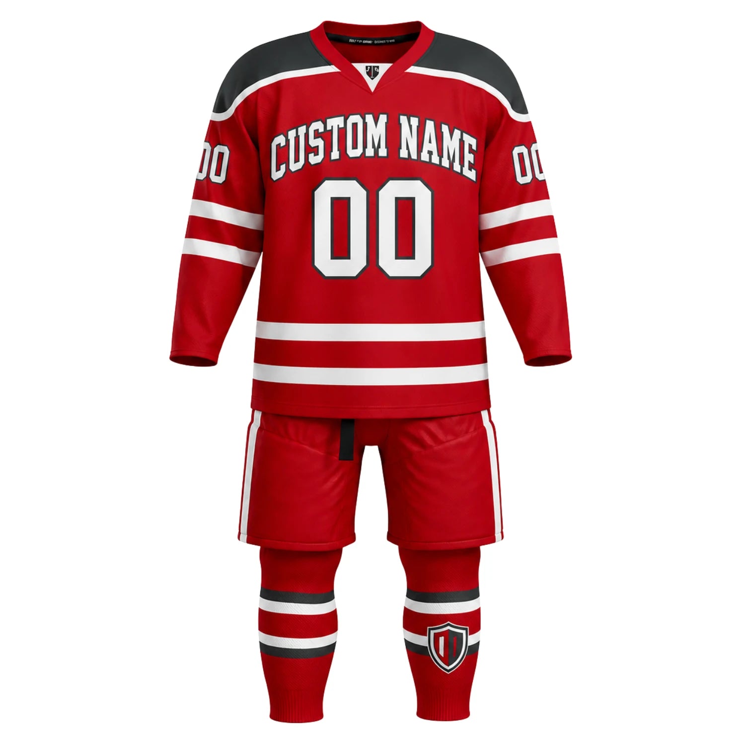Front view of personalized custom ice hockey jersey and matching pants with custom name and number