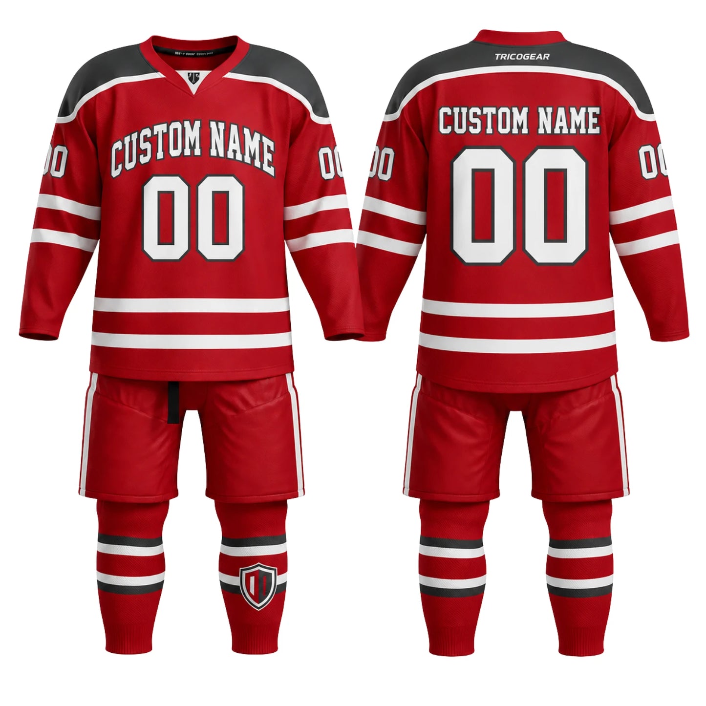 Custom ice hockey jersey and pants set with personalized name and number, front and back view