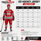 TricoGear custom ice hockey jersey size chart with chest, waist, hip, and length measurements XS to 4XL