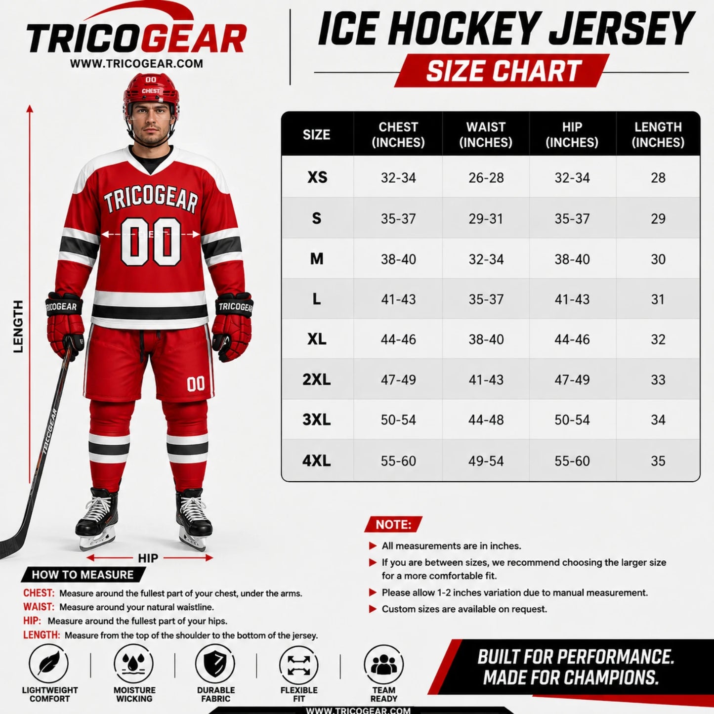 TricoGear custom ice hockey jersey size chart with chest, waist, hip, and length measurements XS to 4XL
