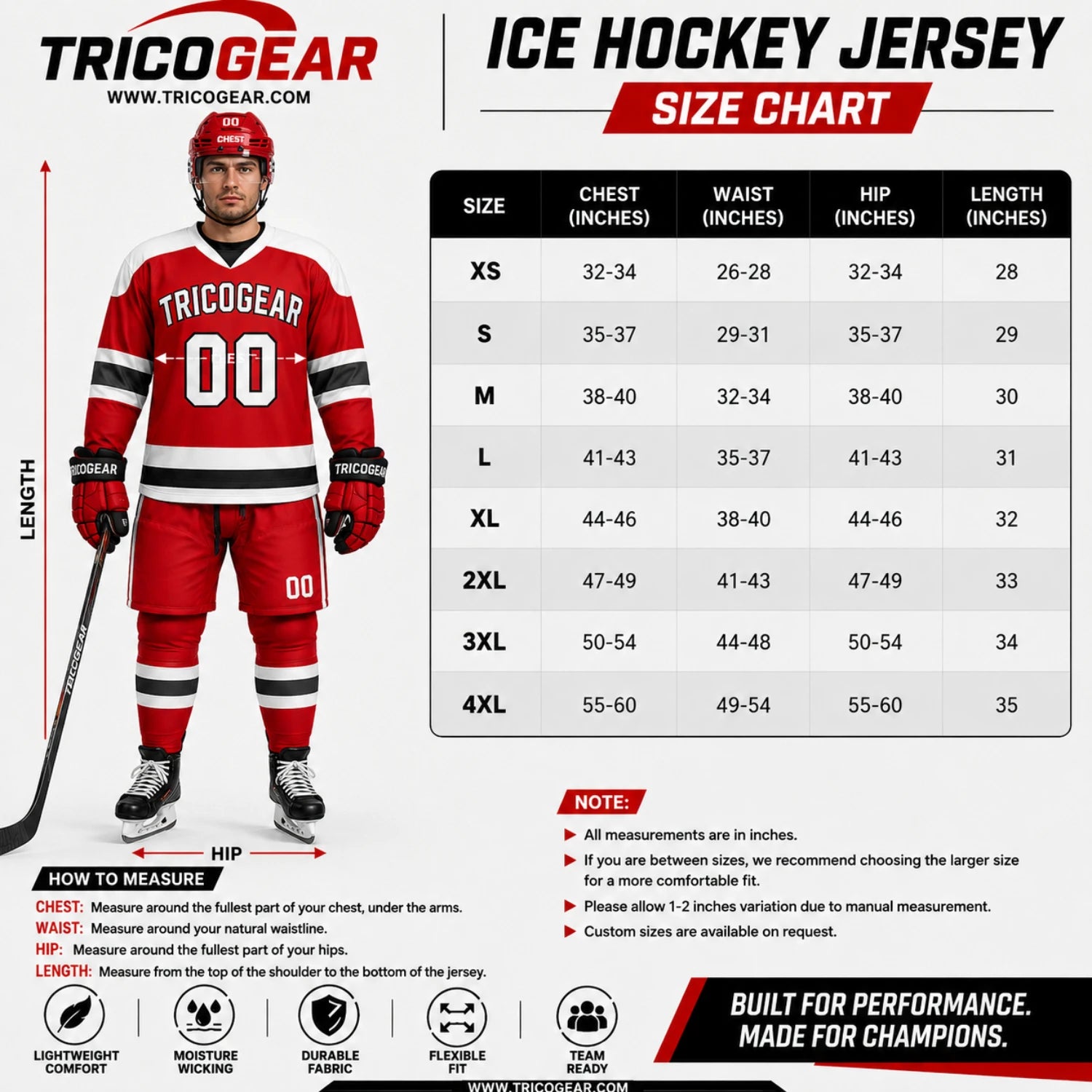 TricoGear custom ice hockey jersey size chart with chest, waist, hip, and length measurements XS to 4XL