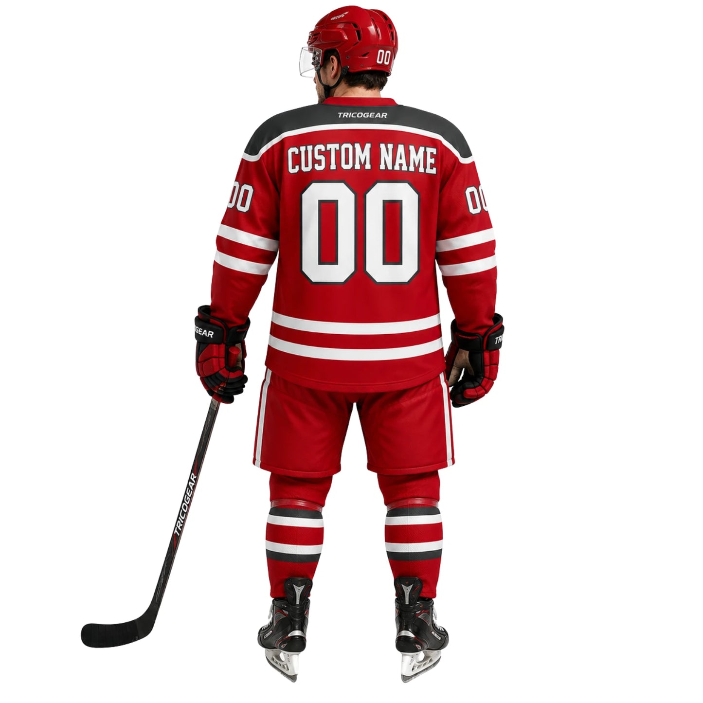 Back view of custom ice hockey jersey and pants uniform with personalized name and number